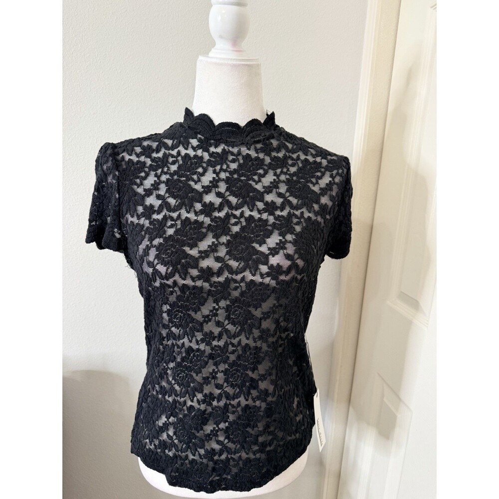 Haute Monde Women’s Lace Blouse Size L Black Sheer Floral Mock Neck Top NWT